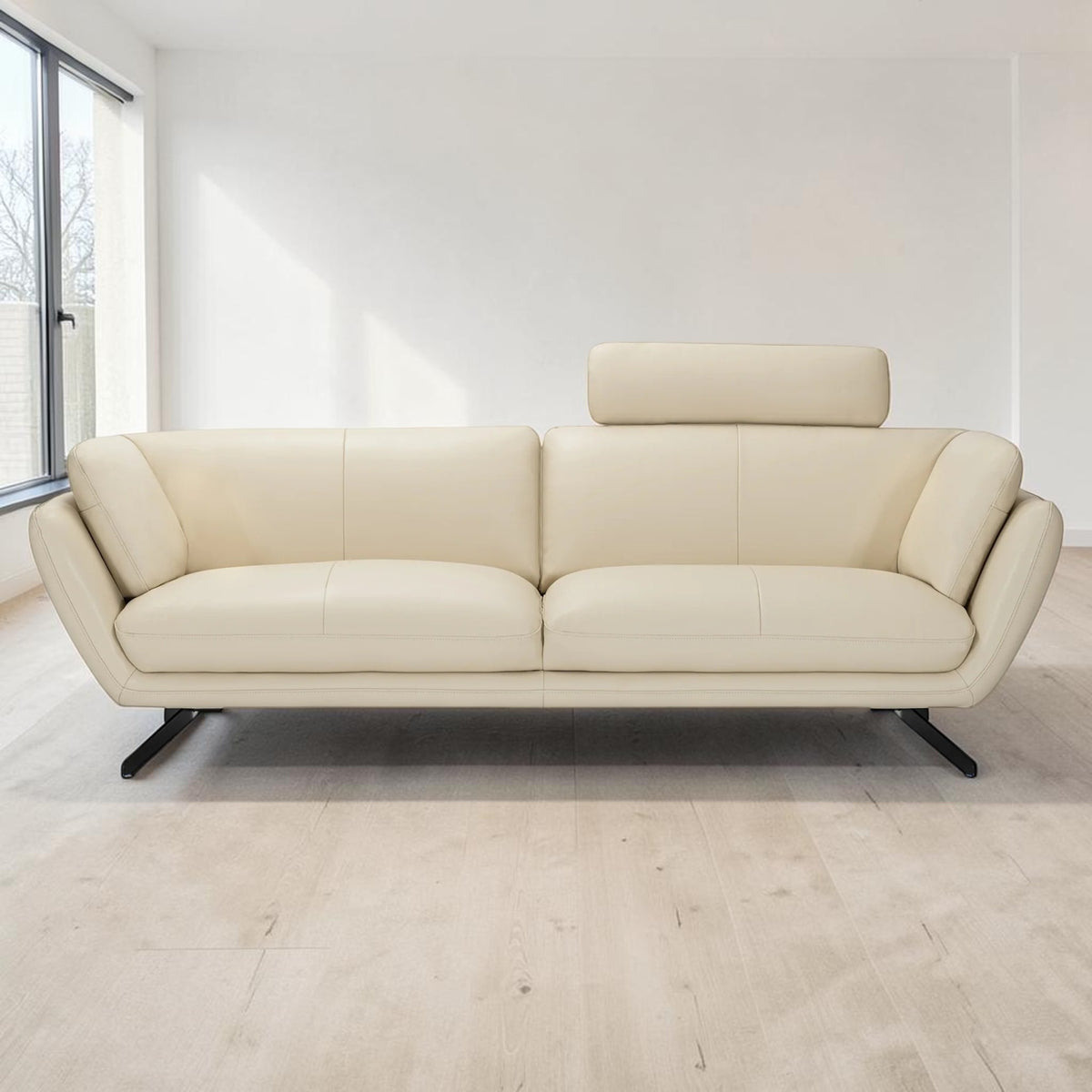 Modern Cream Leather, 3-Seater Sofa with Headrest & Black Steel Legs, Living Room Sofa