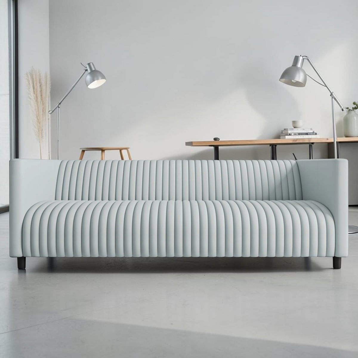 Modern Gray Leather, 3-Seater Sofa with Channel Tufting & Black Wood Legs, Living Room Sofa