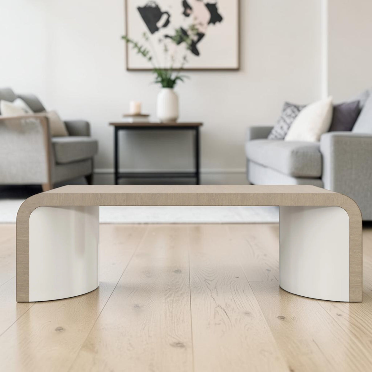 Modern Oak Finish, Living Room Center Table with Curved Waterfall Design & Sculptural Base, Coffee Table