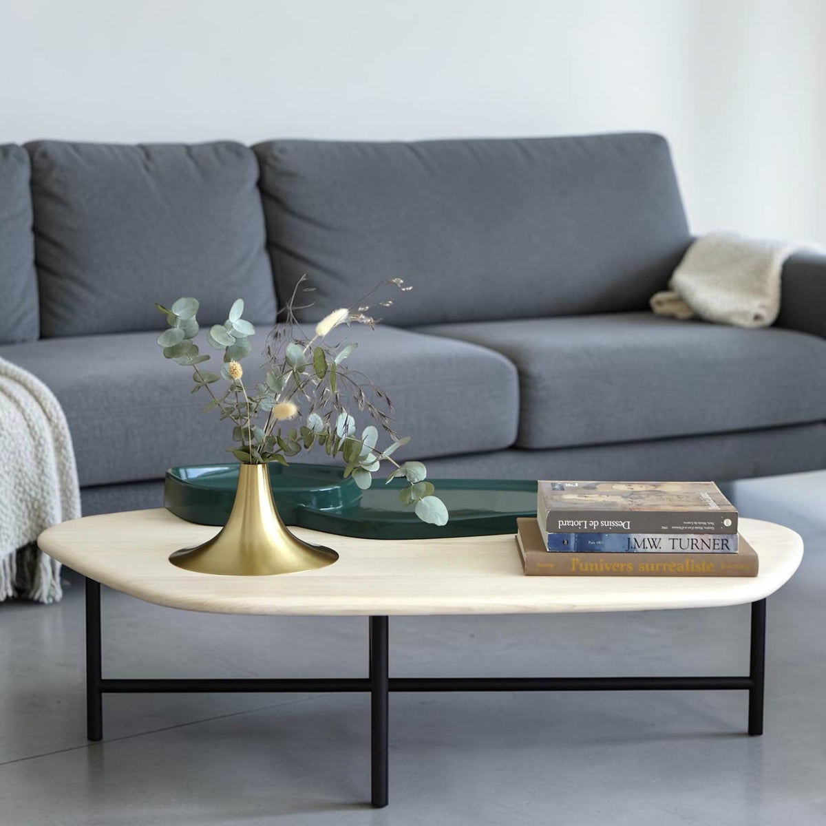 Modern Natural Ash Wood, Living Room Center Table with Green Ceramic Tray & Black Steel Base