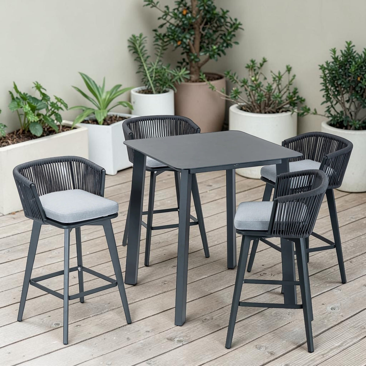 Modern Dark Gray Outdoor Dining Set with Bar Table & 4 Woven Chairs, Patio Furniture Set