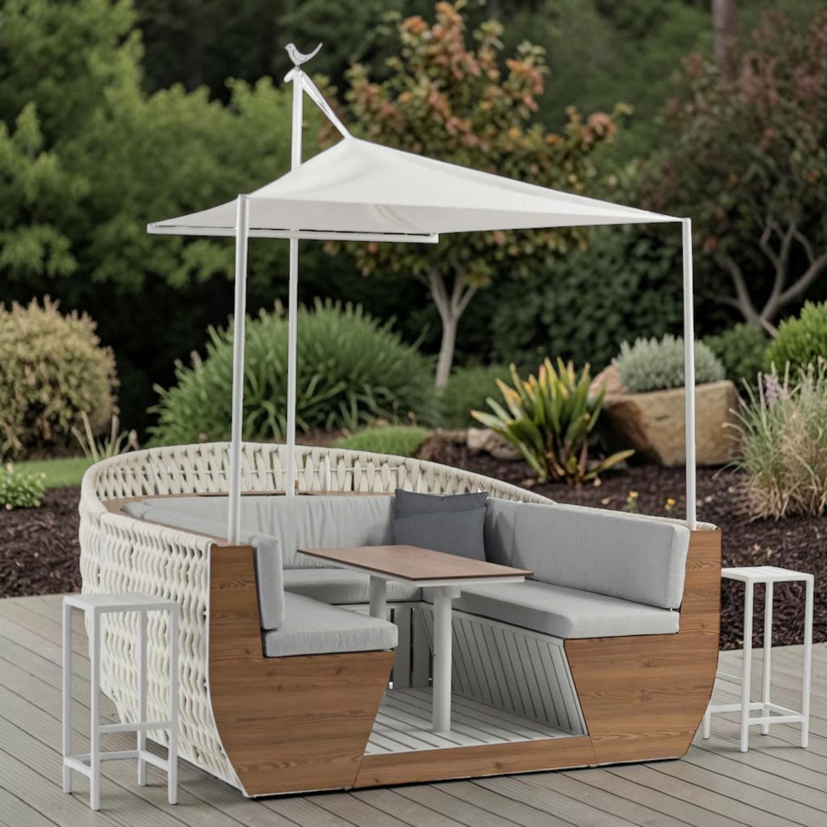 Modern Outdoor Lounge Dining Set with Canopy, Woven Rope & Wood Finish, 5-Piece Patio Set