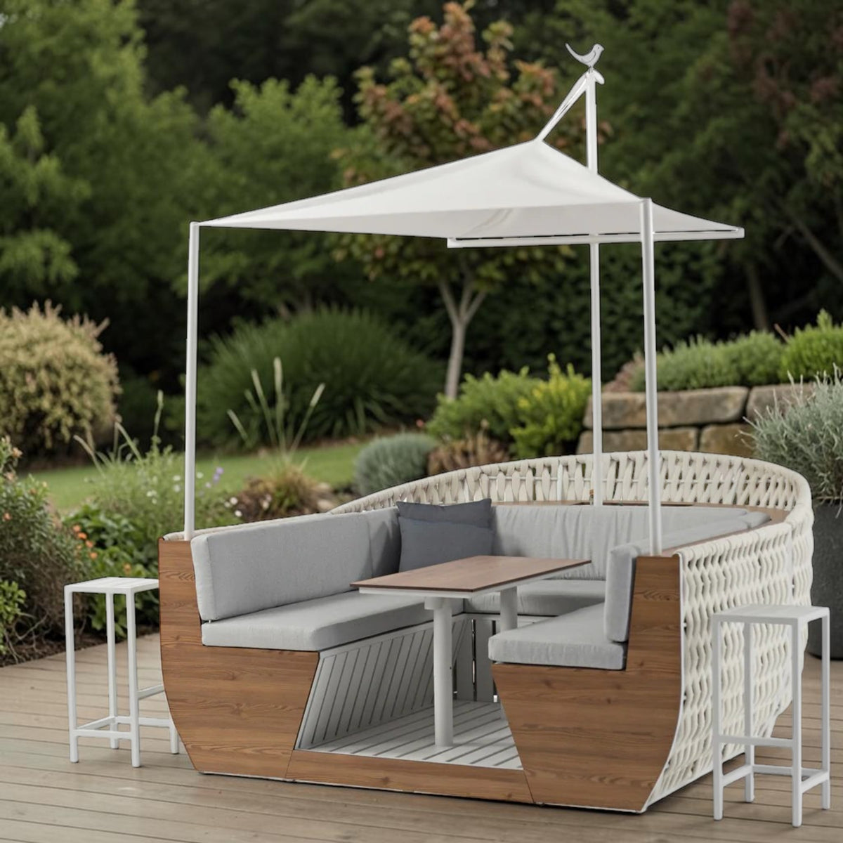 Modern Outdoor Lounge Dining Set with Canopy, Woven Rope & Wood Finish, 5-Piece Patio Set