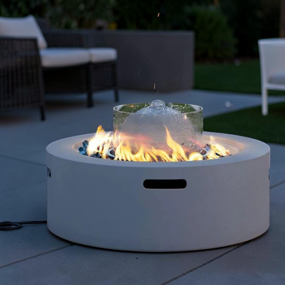 Modern Round Propane Fire Pit Table Concrete Finish Glass Wind Guard, Outdoor Fire Pit