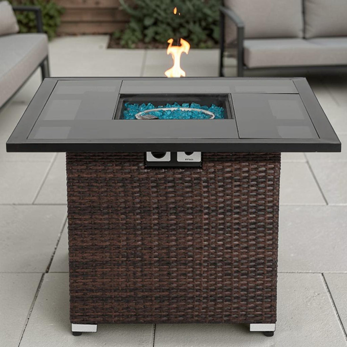 Modern Wicker Square Fire Pit Table, Mixed Brown PE Rattan with Glass Top & Hidden Tank Storage, Outdoor Fire Pit