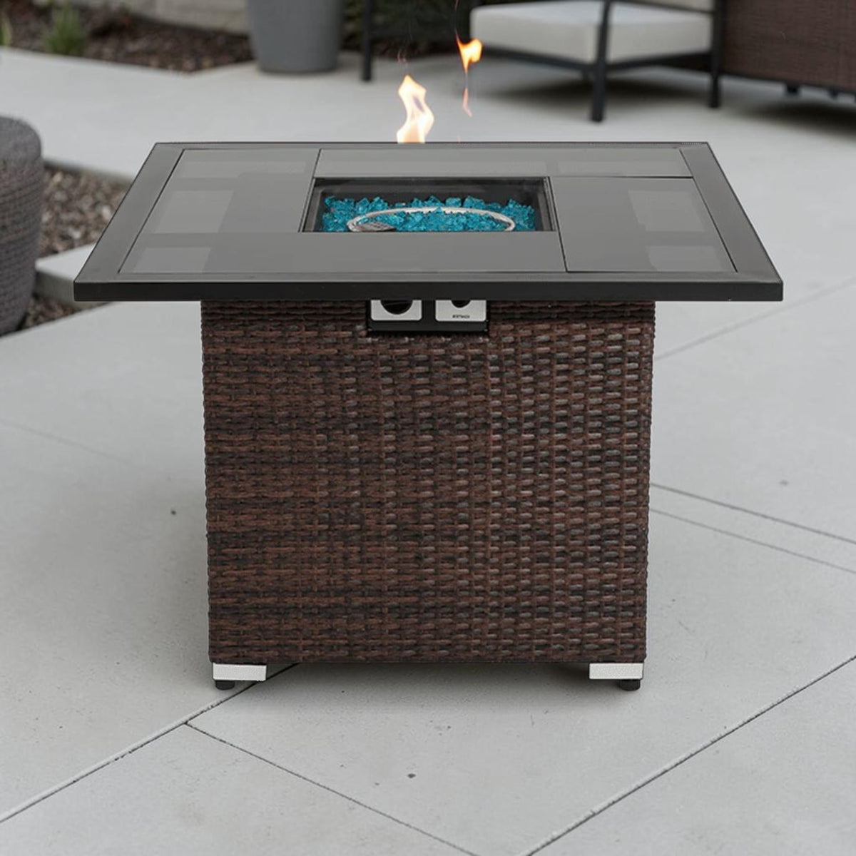Modern Wicker Square Fire Pit Table, Mixed Brown PE Rattan with Glass Top & Hidden Tank Storage, Outdoor Fire Pit