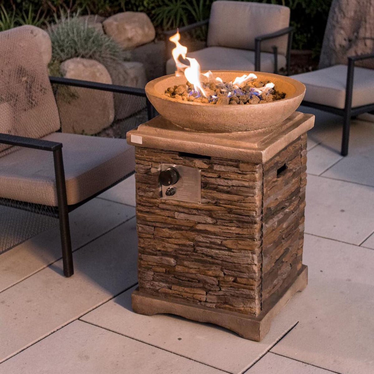 Rustic Tall Column Propane Fire Pit, Brown Stone Finish with Hidden Tank Storage & Lava Rocks, Outdoor Fire Pit