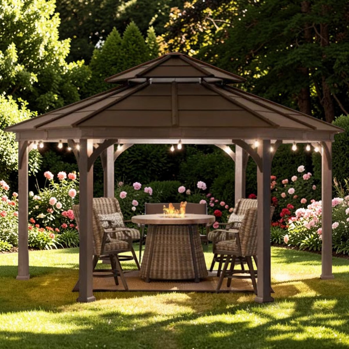 Hexagonal Hardtop Gazebo, Aluminum & Steel Frame Wood Look Finish with Ventilated Roof, Outdoor Gazebo