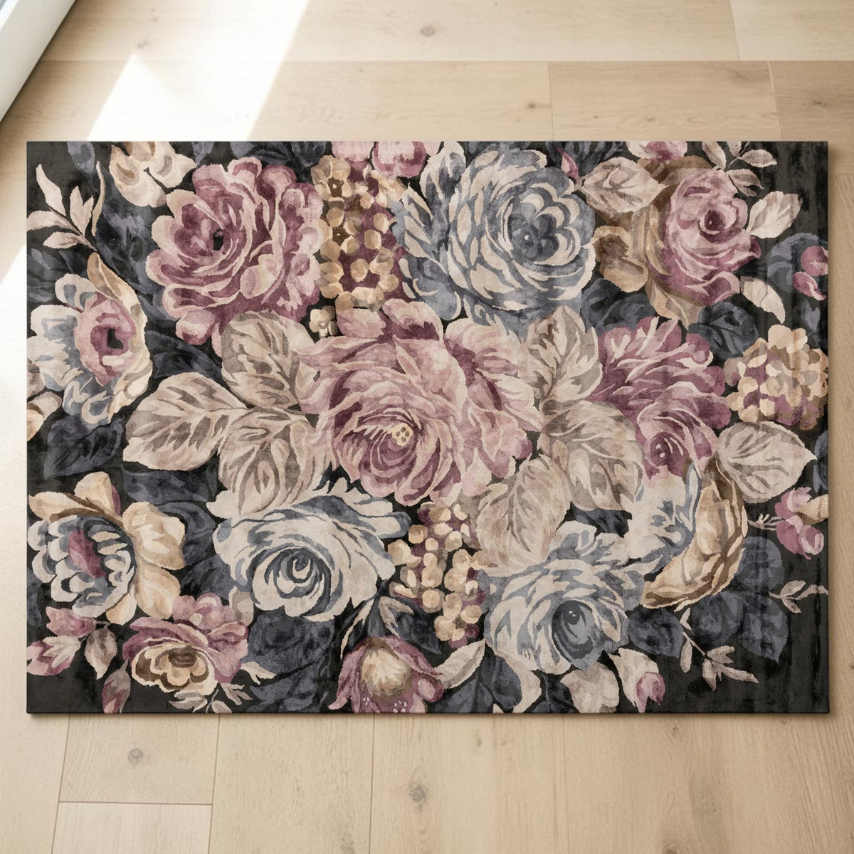 Elegant Black Floral, Living Room Carpet with Pink & Purple Accents, Hand-Tufted Viscose 8x11 Area Rug
