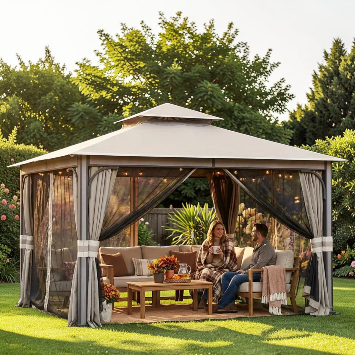 Outdoor Soft Top Gazebo with Curtains & Netting, 11x13 ft Light Gray, Patio Shelter