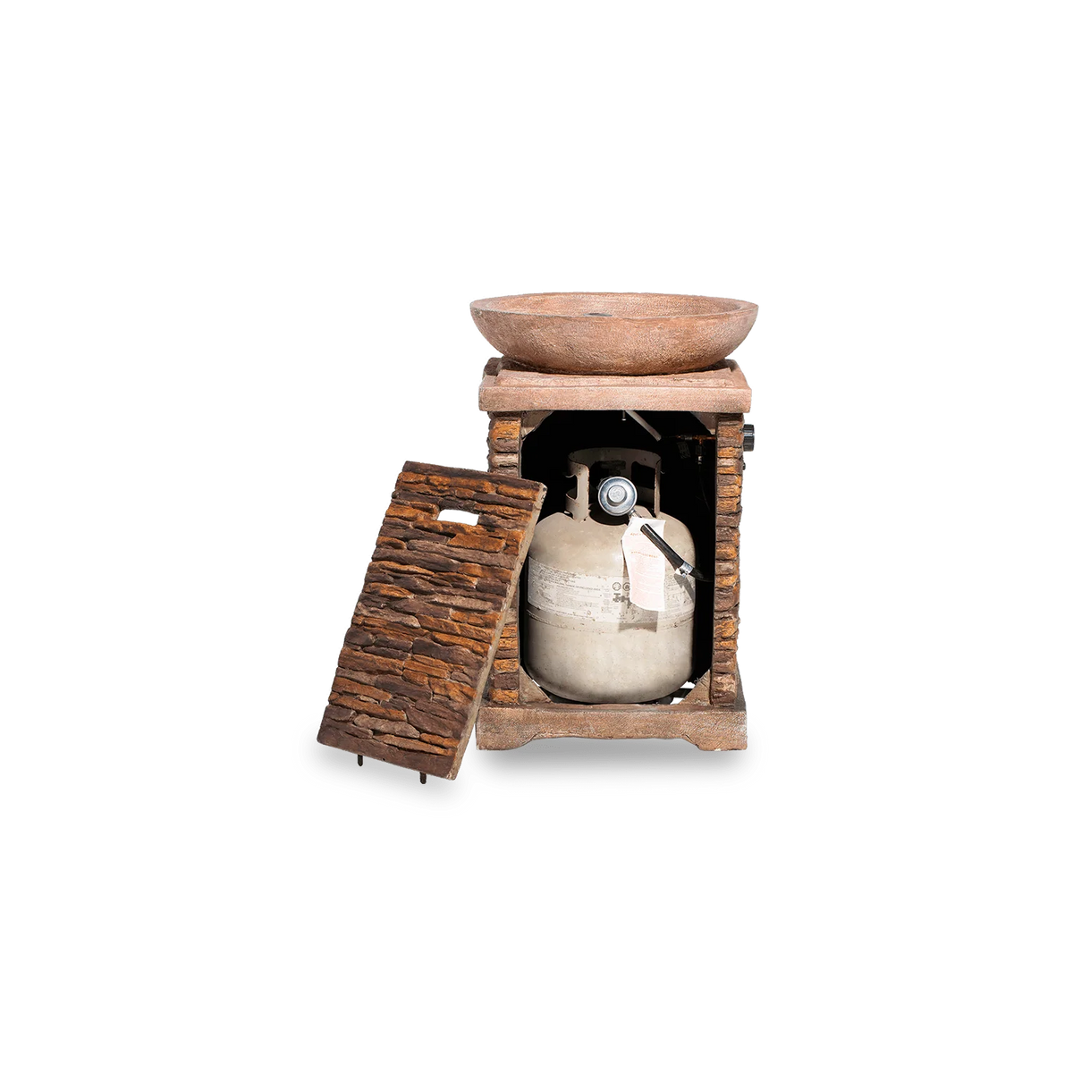 Rustic Tall Column Propane Fire Pit, Brown Stone Finish with Hidden Tank Storage & Lava Rocks, Outdoor Fire Pit