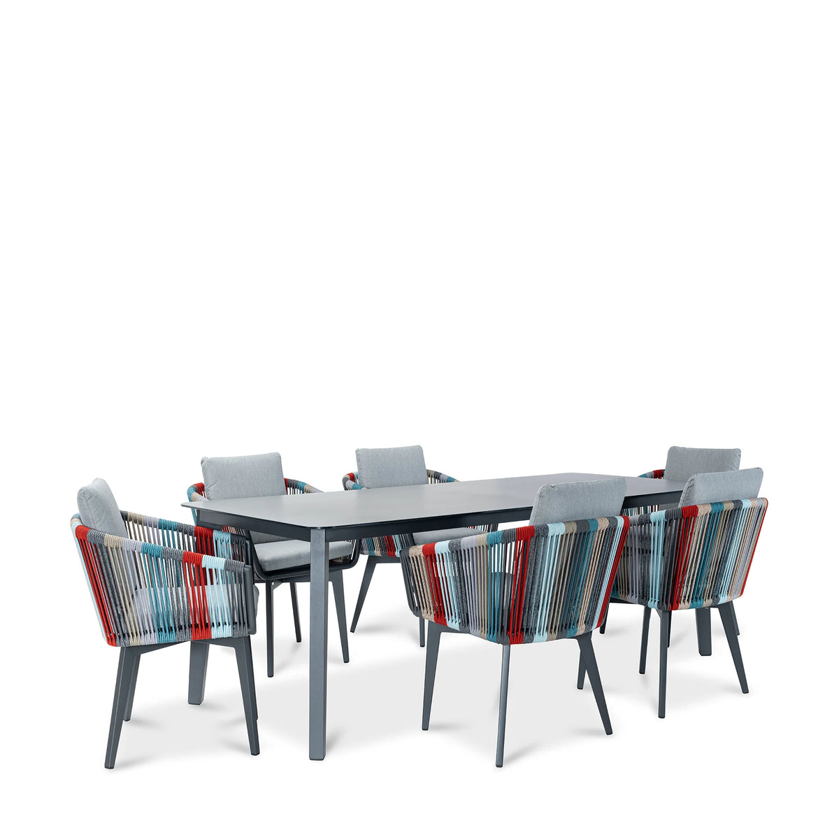 Modern Outdoor Dining Set with Marble Top Table & 6 Woven Rope Chairs, Multicolor Patio Furniture Set