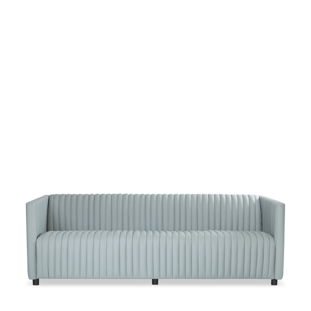 Modern Gray Leather, 3-Seater Sofa with Channel Tufting & Black Wood Legs, Living Room Sofa