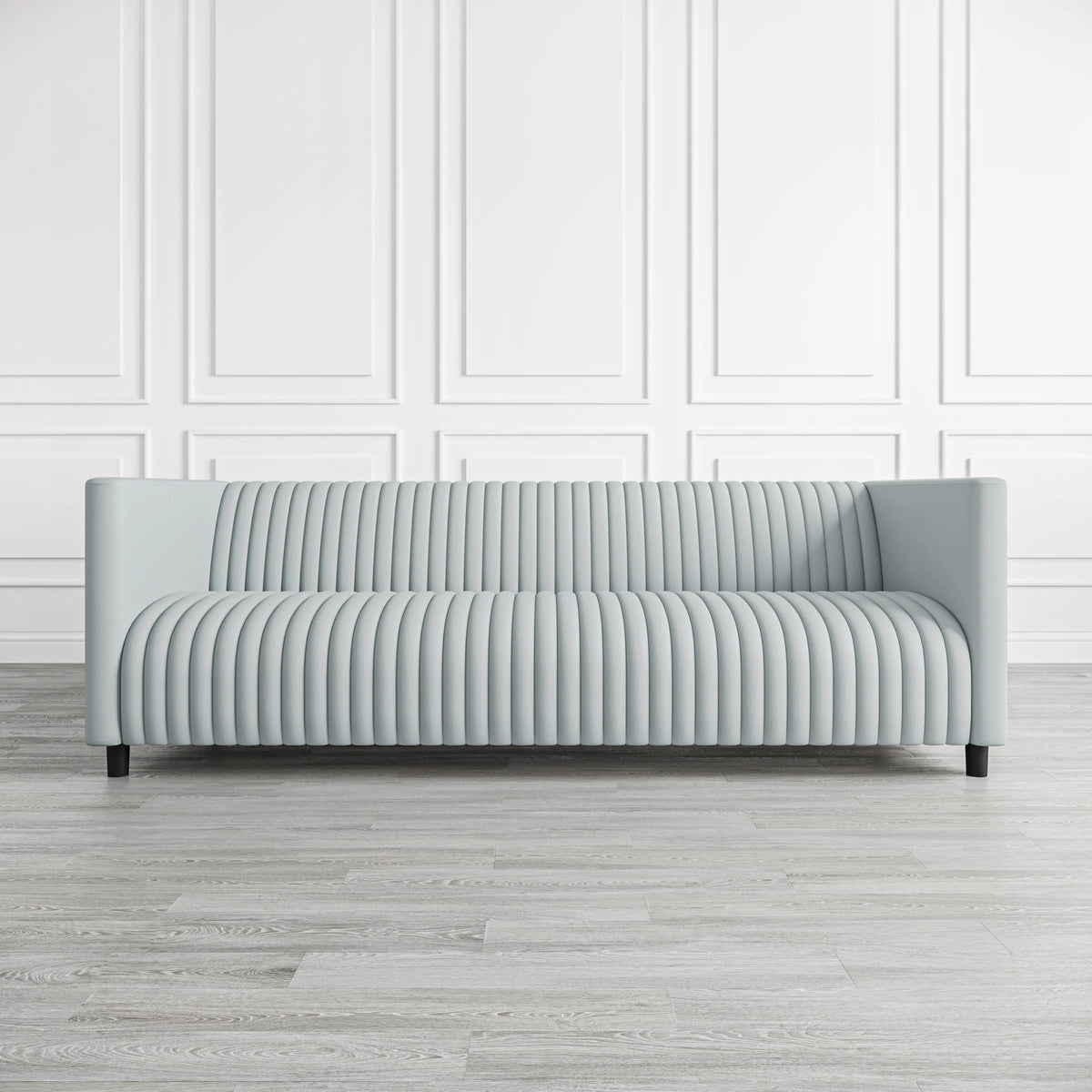 Modern Gray Leather, 3-Seater Sofa with Channel Tufting & Black Wood Legs, Living Room Sofa