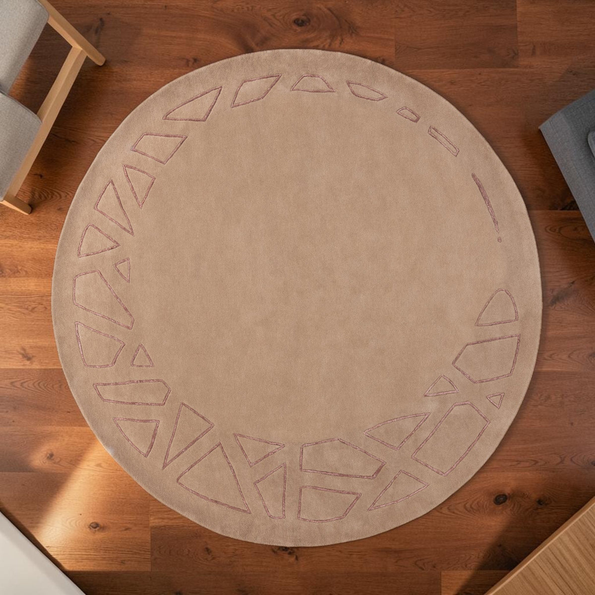 Modern Beige, Geometric Round Living Room Carpet, Hand-Tufted Wool Blend 9 ft Rug