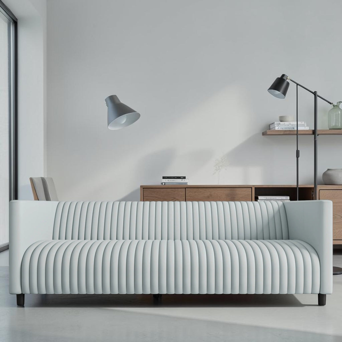 Modern Gray Leather, 3-Seater Sofa with Channel Tufting & Black Wood Legs, Living Room Sofa