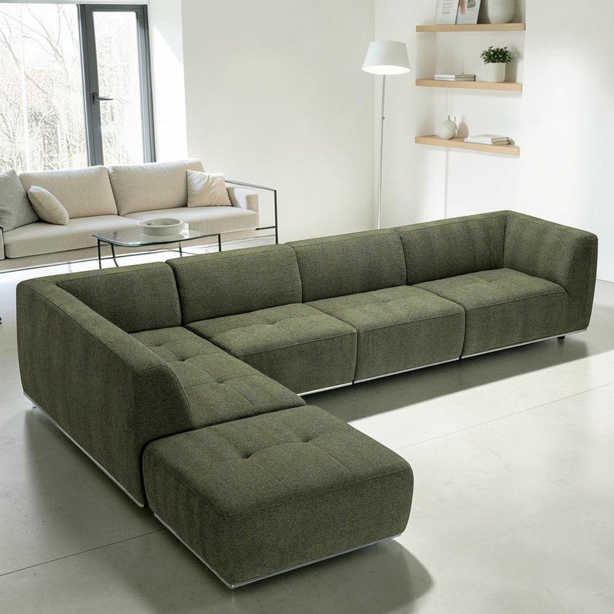 Modern Moss Green, L-Shaped Sectional Sofa with Tufted Cushions & Nickel Base, Living Room Sofa