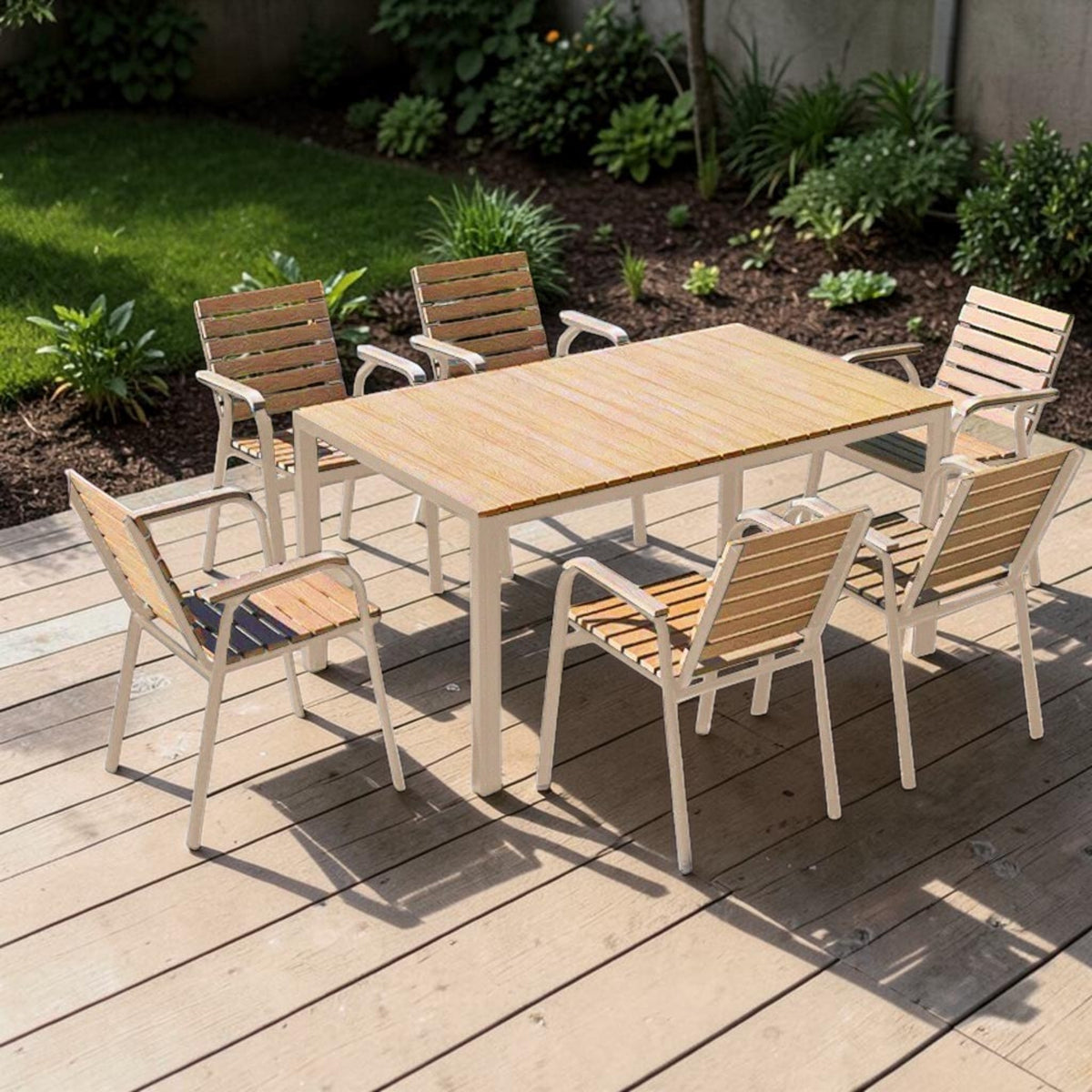 Modern Outdoor Dining Set Natural Wood Slat Aluminum Frame 7-Piece, Outdoor Dining Set