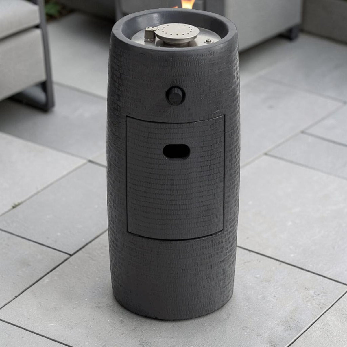 Modern Column Propane Fire Pit Table Dark Stone Finish with Hidden Tank Storage, Outdoor Fire Pit