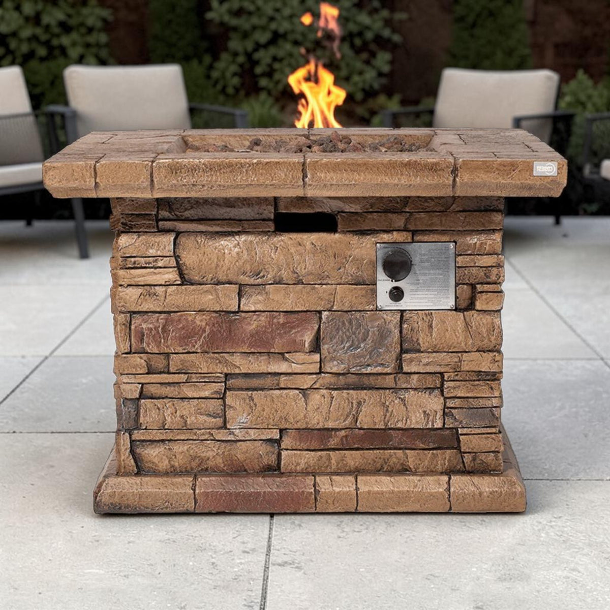 Rustic Square Propane Fire Pit Table, Faux Stone Brown Finish with Hidden Tank Storage, Outdoor Fire Pit
