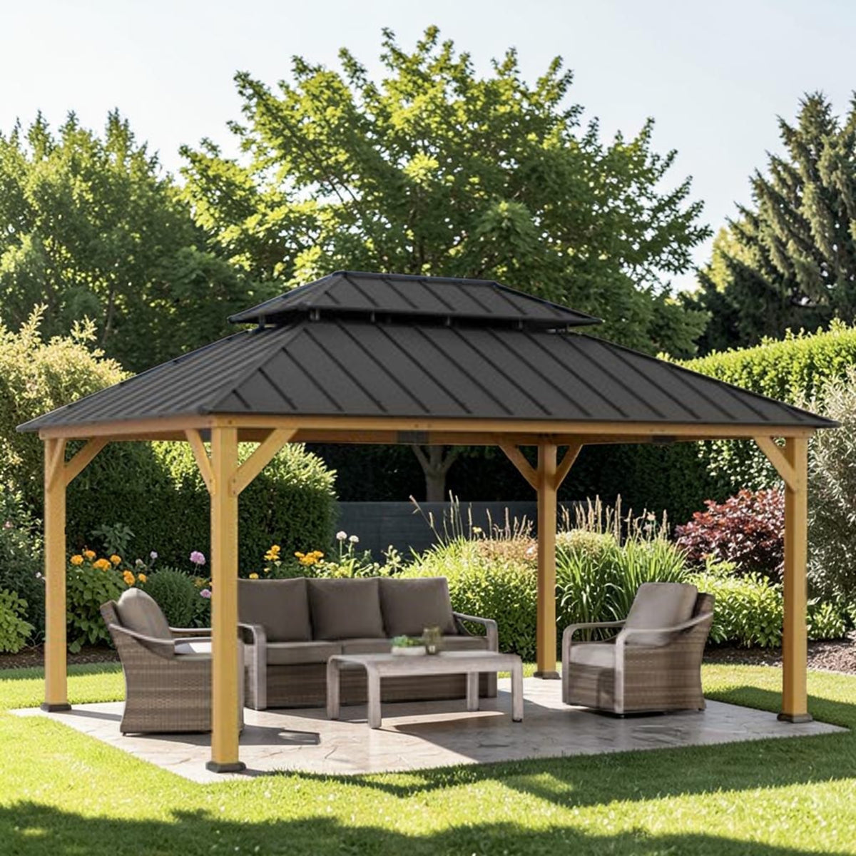 Outdoor Cedar Wood Gazebo with 2-Tier Metal Roof & Ceiling Hook, 12x16 ft Patio Pavilion