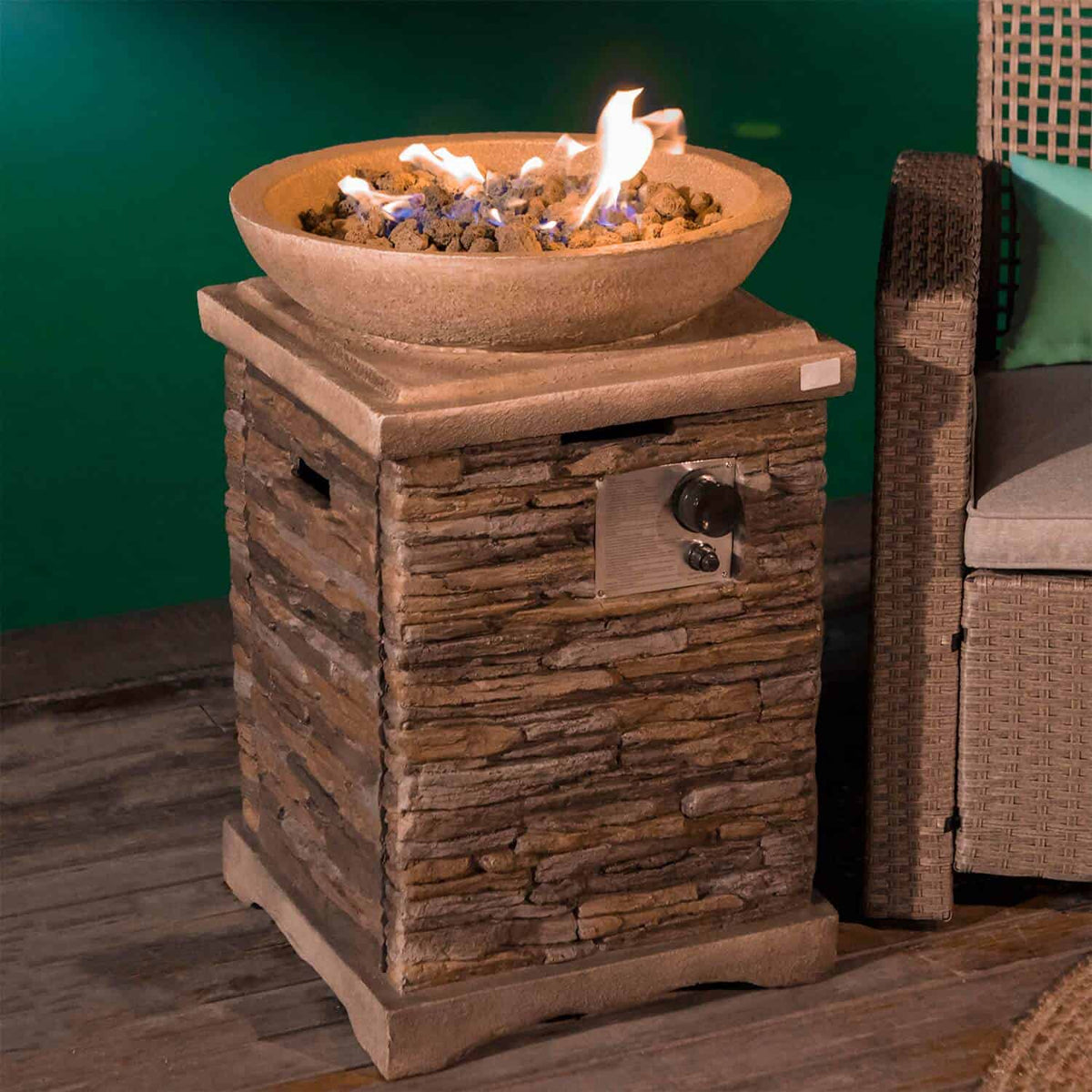 Rustic Tall Column Propane Fire Pit, Brown Stone Finish with Hidden Tank Storage & Lava Rocks, Outdoor Fire Pit