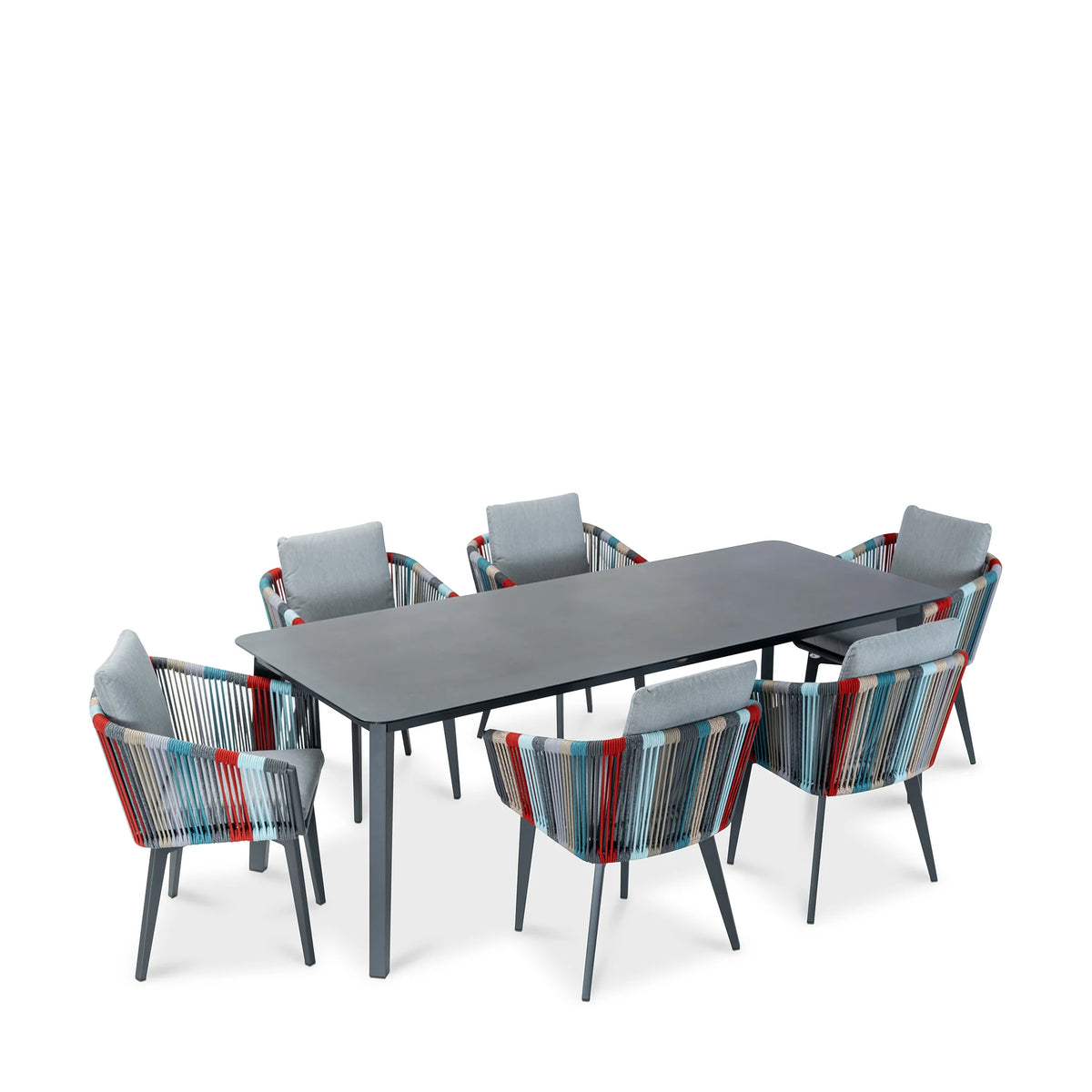 Modern Outdoor Dining Set with Marble Top Table & 6 Woven Rope Chairs, Multicolor Patio Furniture Set