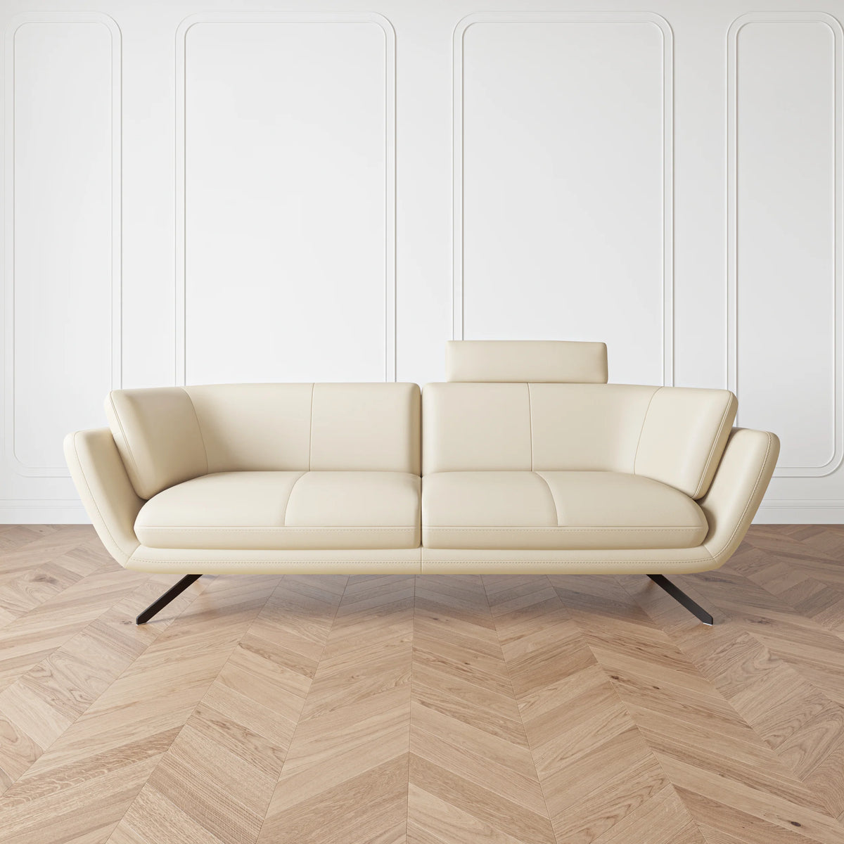 Modern Cream Leather, 3-Seater Sofa with Headrest & Black Steel Legs, Living Room Sofa