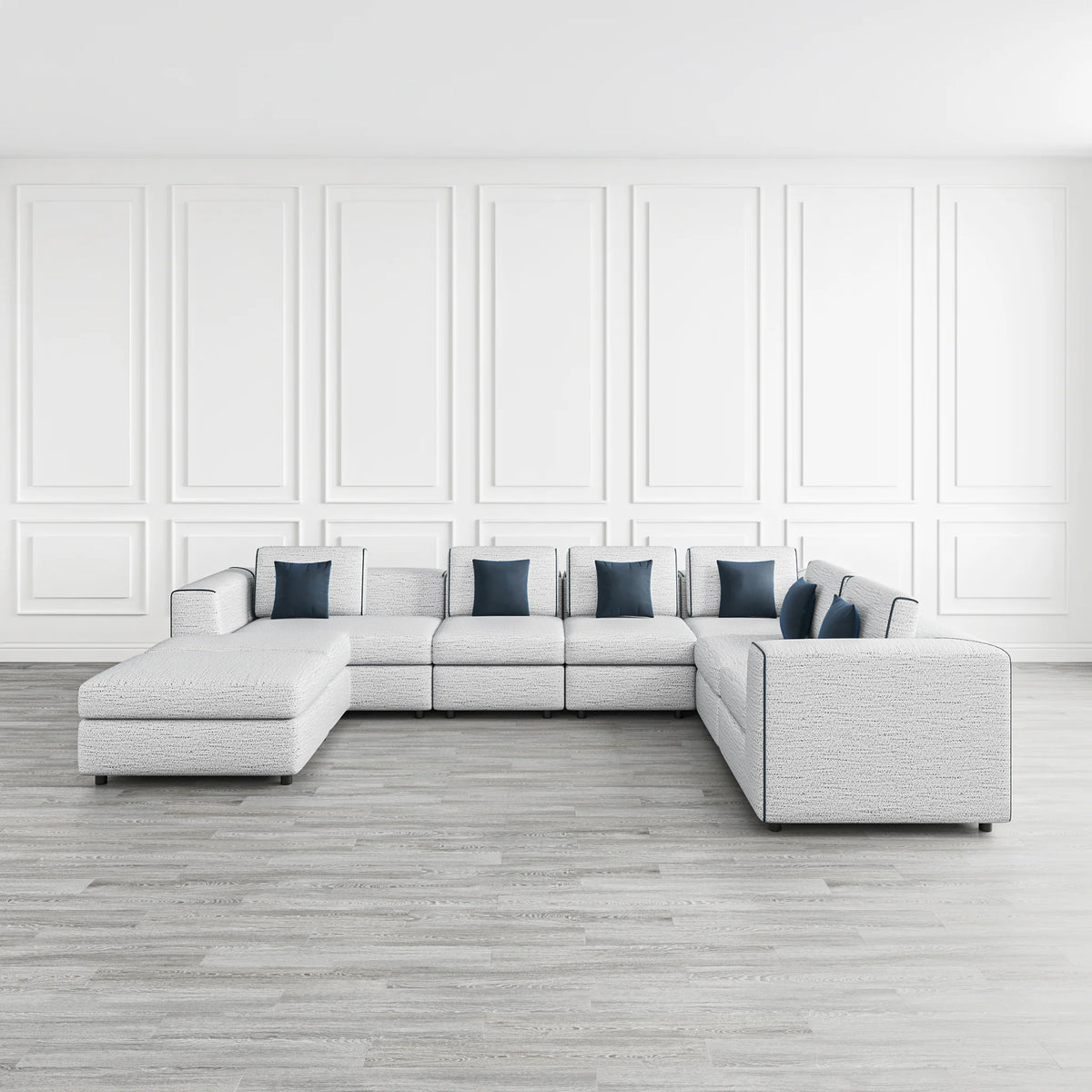 Modern Gray Chenille, 7-Piece Sectional Sofa with Ottoman & Navy Accent Pillows, Living Room Sofa
