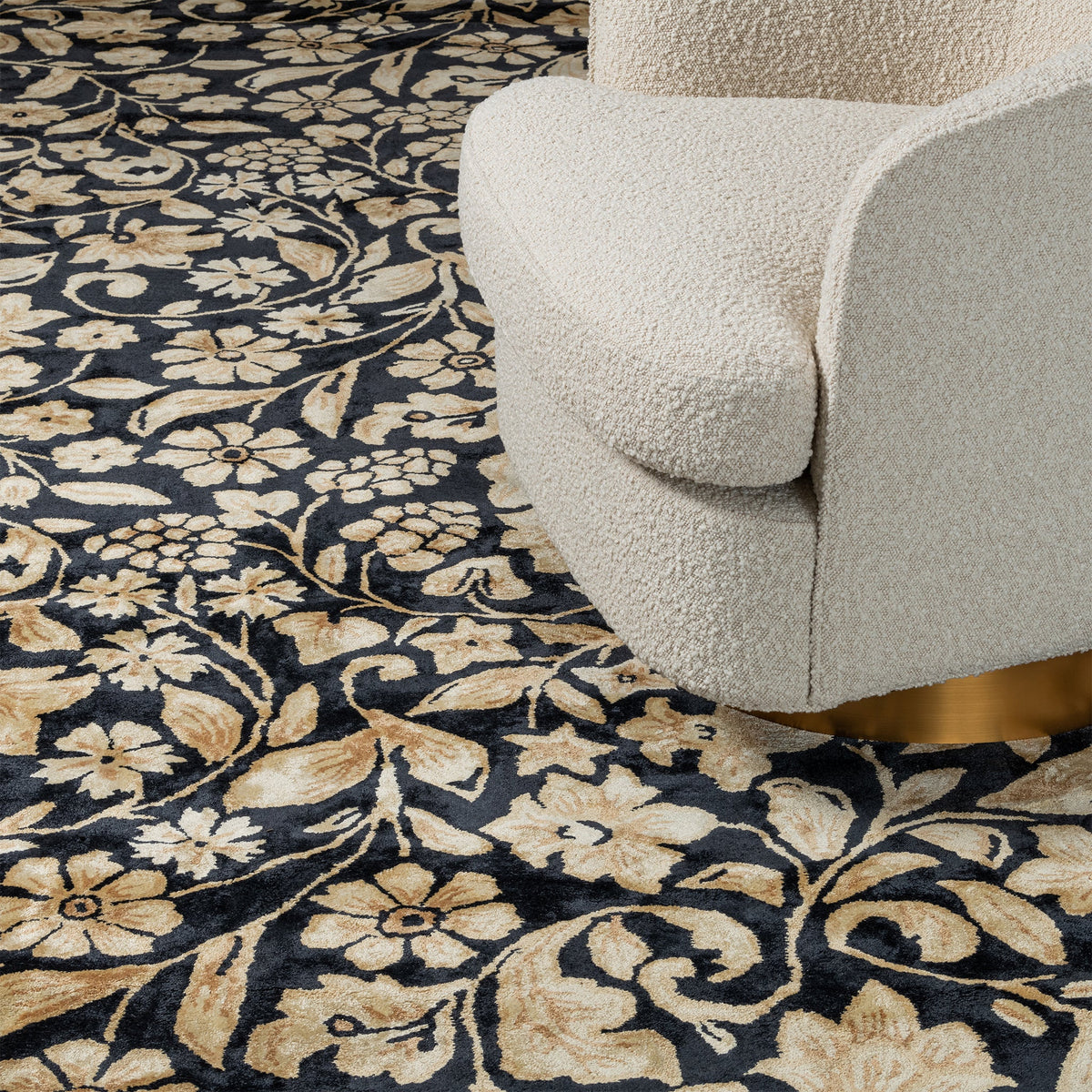 Vintage Black & Gold, Floral Living Room Carpet, Hand-Tufted Viscose 8x11 Area Rug