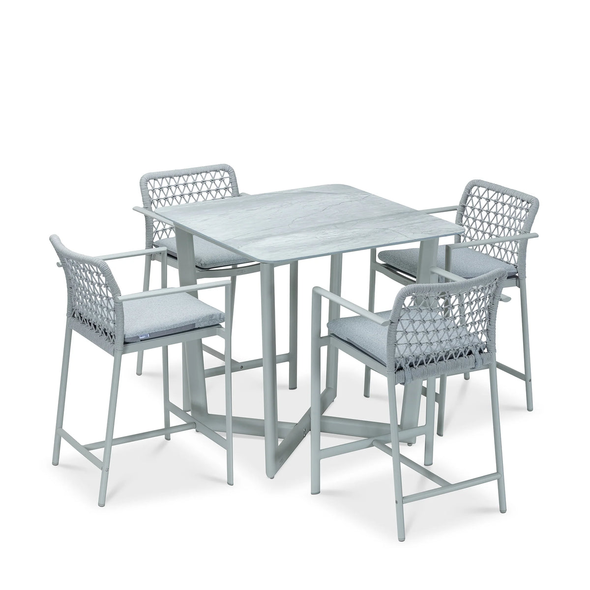 Modern Light Gray Outdoor Dining Set with Marble Top Table & 4 Woven Chairs, Patio Furniture Set