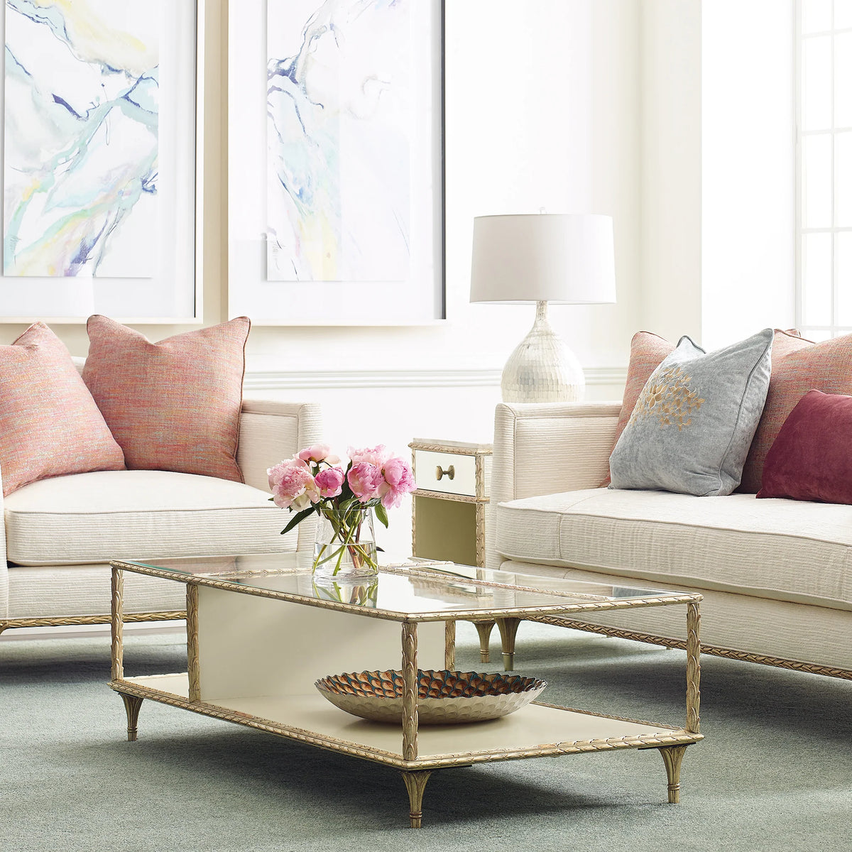 Elegant Gold Frame Glass, Living Room Center Table with Shelf Storage, Rectangular Coffee Table